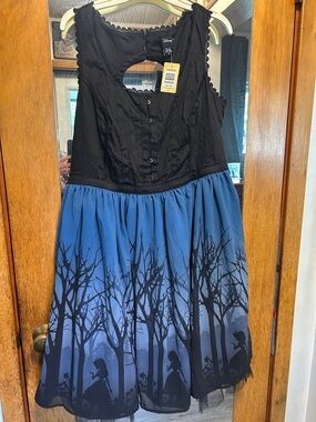 Disney Black Bodice Blue Forest Silhouette Midi Dress with Lace Trim